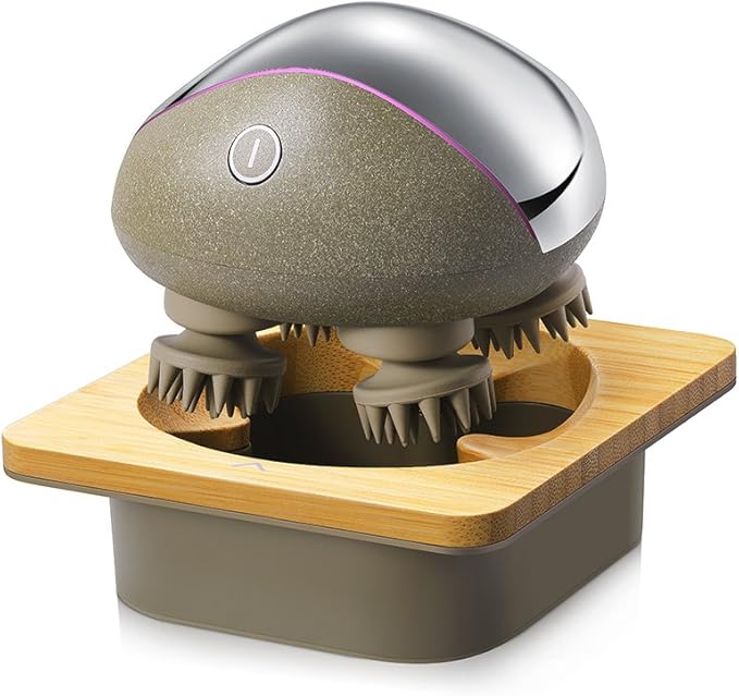 Breo Portable Mini Scalp Massager – IPX7 Waterproof Rechargeable Head Massager for Scalp Relax, Stress Relief Tool with Bamboo Wood Charging Base, Removable Massage Nodes (Silver with Base)