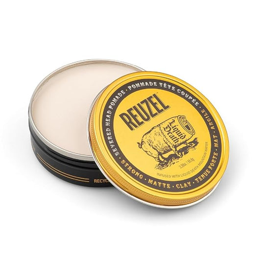 Reuzel and Liquid Death Severed Head Matte Clay Pomade, Strong All Day Hold, Water Soluble, Matte Finish and Non-Greasy Formula, Easy To Wash Out, For All Hair Types, 3.38 oz