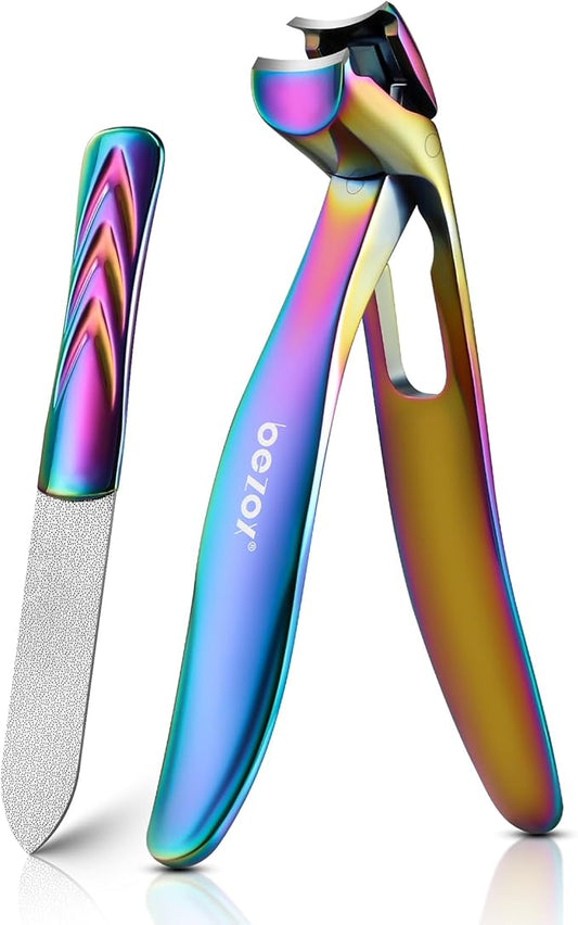 BEZOX Ergonomic Angled Head Thick Toenail Clipper for Seniors - Large Nail Clippers for Thick and Ingrown Nails with Metal Nail File, Premium Nail Cutter Fingernail Clipper for Men and Women - Rainbow