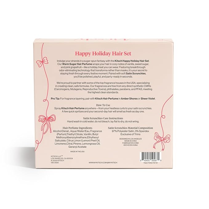 Kitsch Satin Scrunchies and Hair Perfume for Women Holiday Set – Warm Sugar Scent with Patented Odor-Eliminating Technology Hair Spray | Neutral Softer Than Silk Scrunchies | Ideal Gifts for Women