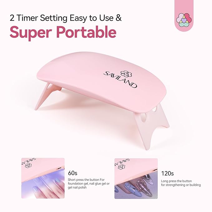 SAVILAND SSPro X Gel U V Nail Lamp: 12W Pink Mini Portable U V Light for Gel Nails Fast Curing 2 Timers Cure Lamp lampara led para uñas USB Interface Folding Design Personal DIY Home Traveling Use