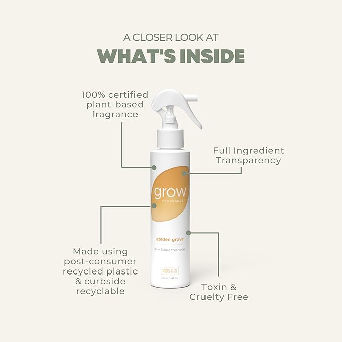 Grow Fragrance 100% Plant-Based Air Freshener Spray | Freshen Fabric & Rooms | Golden Grove Scent - Citrus, Fruits, Watery Green Notes | Made with Natural Essential Oils - 2 Pack, 5 oz each