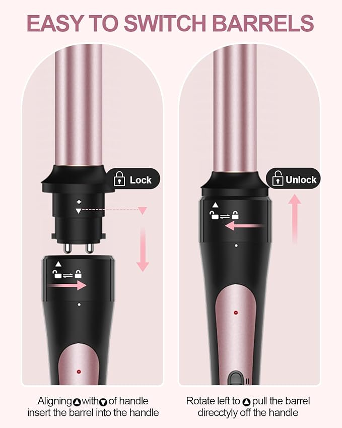 6 in 1 Curling Iron, Curling Wand Set with Thermal Brush (1.5inch) & 1inch Bubble Wand Curler and 3 Interchangeable Ceramic Barrel (0.35"-1.25"), Instant Heat Up with Comb & Protective Glove & 2 Clip