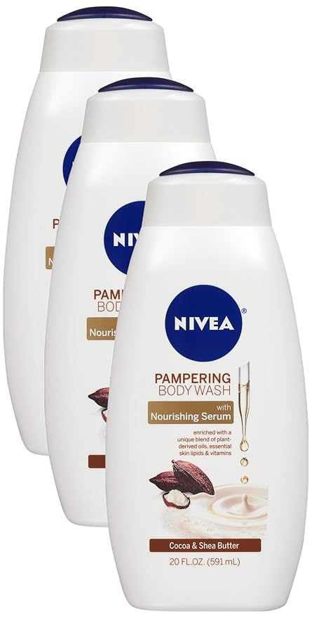 Nivea Cocoa and Shea Butter Pampering Body Wash with Nourishing Serum, 20 Fl Oz Bottle (Pack of 3)
