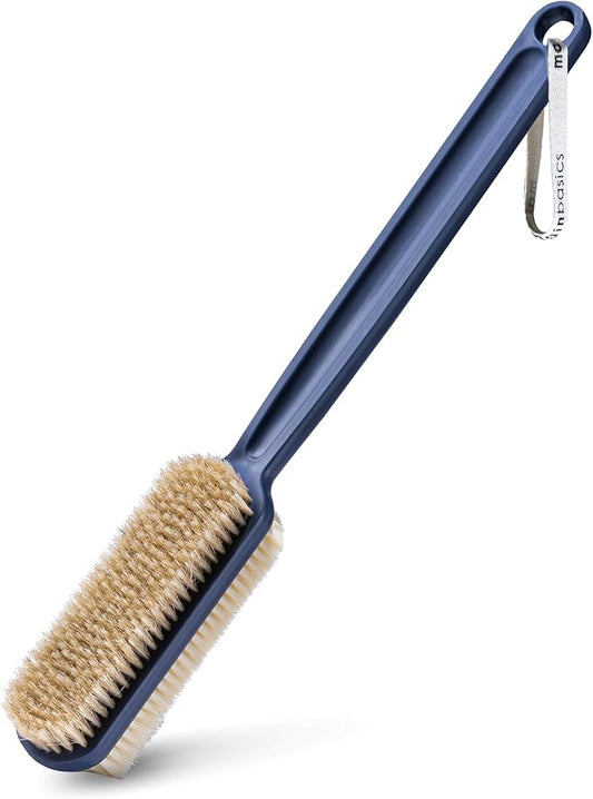 MainBasics Back Scrubber for Shower – Long Handle Dual-Sided Brush for Body Wash & Scrubbing with Exfoliating & Soft Bristles (Ultramarine, Plastic)