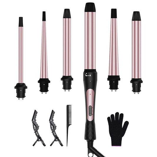 6 in 1 Curling Iron, 6 Interchangeable PTC Ceramic Barrels (0.35"-1.25"), Curling Wand Set for Long/Short Hair, 2 Temp Heating Setting, Contain Comb & Protective Glove & 2 Clips