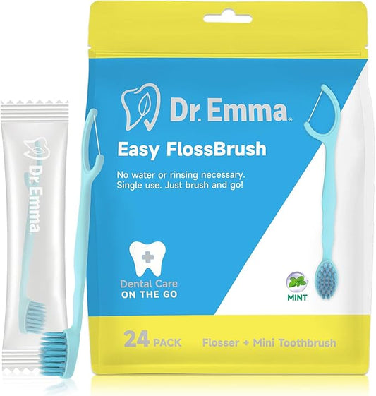 Dr. Emma Mini Brush Disposable Toothbrushes with Floss, Travel Mint Toothbrush for On-The-Go Use, 24 Packs Individually Wrapped Small Portable Toothbrush, Blue