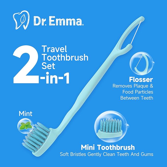 Dr. Emma Mini Brush Disposable Toothbrushes with Floss, Travel Mint Toothbrush for On-The-Go Use, 24 Packs Individually Wrapped Small Portable Toothbrush, Blue