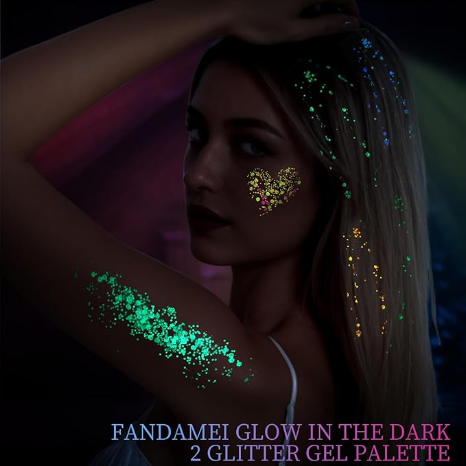 FANDAMEI Glow in The Dark Glitter, 2 Glitter Gel Palette 18 Grids Face Body Hair Glitter for Glow in The Dark Glitter Makeup, Face Glitter for Kids Women for Halloween Rave Concert Face Paint
