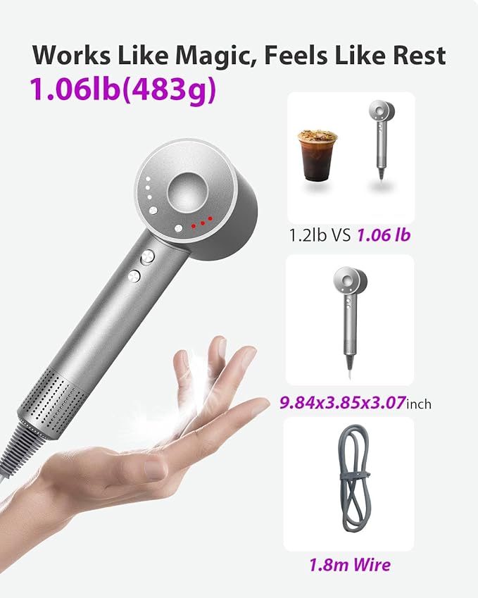 Hair Dryer with Carry Case, 160000 RPM Professional High-Speed Ionic Blow Dryer 200 Millions Negative Ionic & 3 Speeds & 3 Teamps & Low Noise, Hairdryer with Diffuser for Faster Drying, Gray