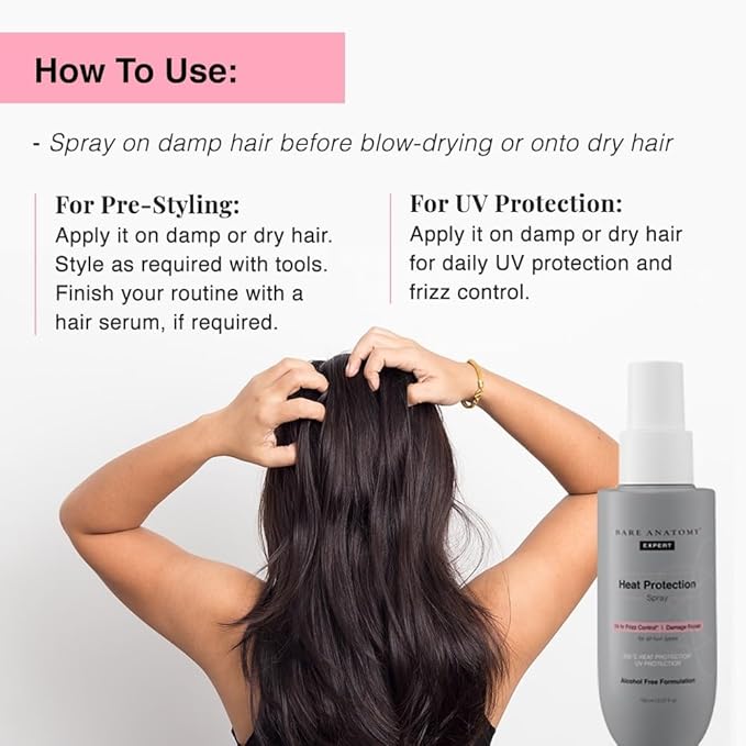 Bare Anatomy Heat Protection Spray Serum| Controls Frizz for up to 24 Hrs | Vitamin E, Pea Protein & Veg Keratin Enriched | Paraben Free | For Women & Men | Vegan |230 °C Heat Protection 5.2 Floz