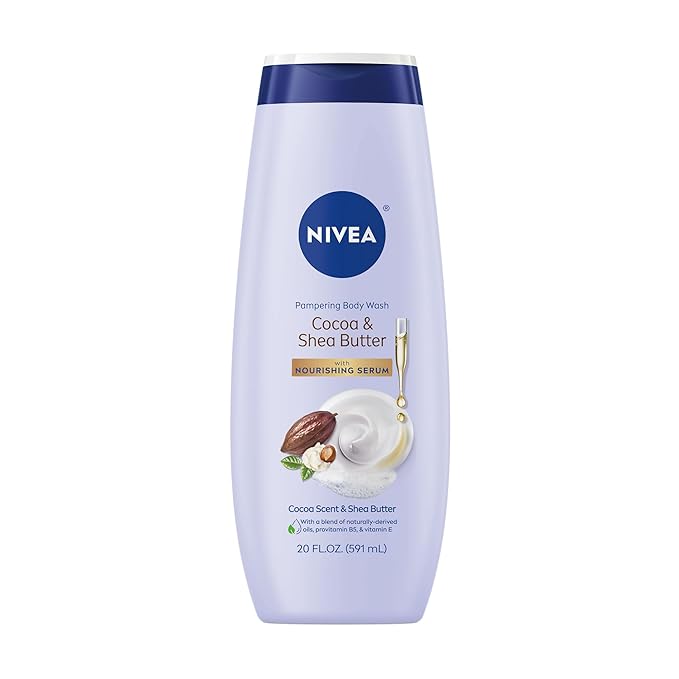 NIVEA Pampering Cocoa and Shea Butter Body Wash with Nourishing Serum, Moisturizing Body Wash for Women, Enriched with Provitamin B5 and Vitamin E, 20 Fl Oz Bottle