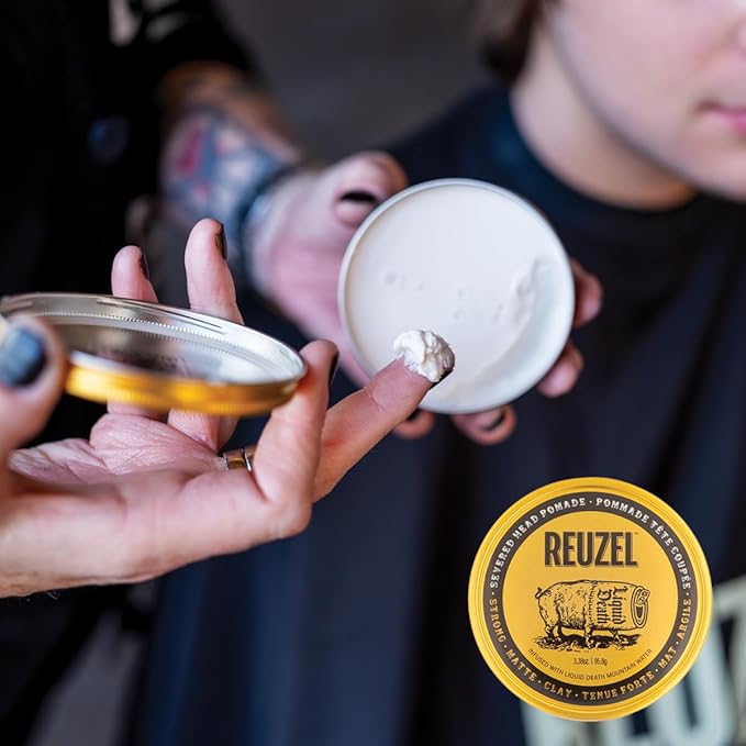 Reuzel and Liquid Death Severed Head Matte Clay Pomade, Strong All Day Hold, Water Soluble, Matte Finish and Non-Greasy Formula, Easy To Wash Out, For All Hair Types, 3.38 oz