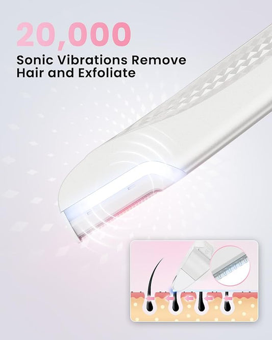 Dermaplane Razor For Women Face, 3 Adjustable Dermaplaning Tool, Facial Hair Removal Razors with Led Light for Peach Fuzz,Rechargeable Sonicsmooth Facial Hair Remover with 8 Replacement Blades (White)