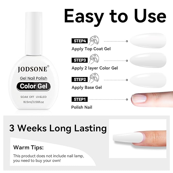 JODSONE 1Pcs 16.5ml Pure White High Gloss Winter Color Gel Polish U V/LED Soak-Off Gel Nail Polish Colorful Bottle Simple Bright for Nail Art Girls Gift