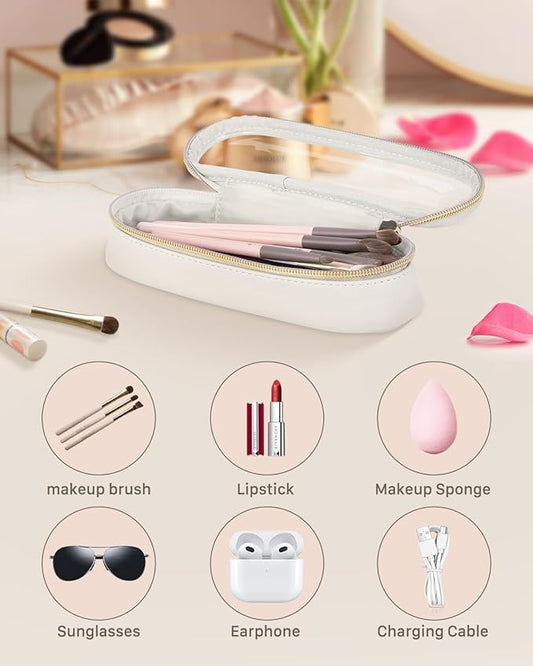 Clear Travel Makeup Brush Holder, Leather Makeup Brush Toiletry Bag, Portable Cosmetic Brush Case, Transparent Waterproof Makeup Brush Storage Bag, White