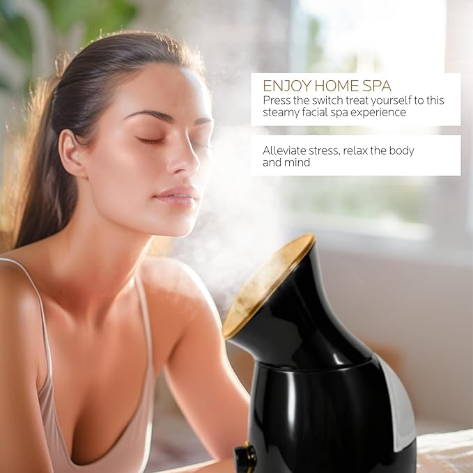 Colorfarm Facial Steamer Nano Ionic: Face Steamer Home Spa Kit Deep Cleaning Unclogs Pores Sinuses Inhaler with 8 Skin Care Tools - Relaxing Self Care Skincare Beauty Gifts for Women (Black Gold)