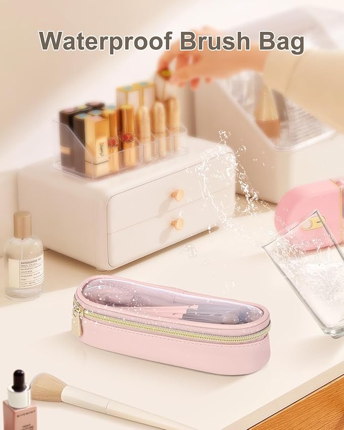 Clear Travel Makeup Brush Holder, Leather Makeup Brush Toiletry Bag, Portable Cosmetic Brush Case, Transparent Waterproof Makeup Brush Storage Bag, Pink