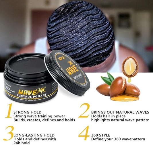 Wave Pomade for Men - Strong Hold, Easy Wash, Promotes Layered Waves, Moisture, Silky Shine, Hair Cream, Grease, Brush, Durag, Cap Set (Red)