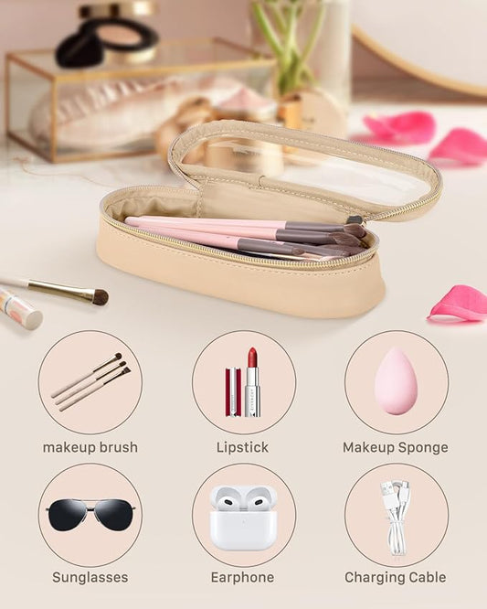 Clear Travel Makeup Brush Holder, Leather Makeup Brush Toiletry Bag, Portable Cosmetic Brush Case, Transparent Waterproof Makeup Brush Storage Bag, Khaki