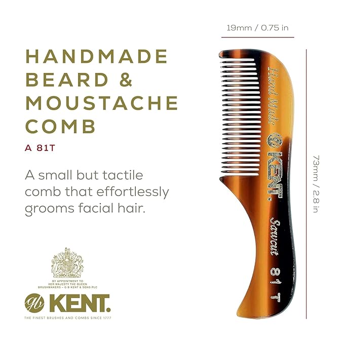Kent Set of 3, 81T Small Beard and Mustache Comb, Fot All Fine Pocket Comb and PF22 Hair Brush and Beard Bruh, Best Beard and Mustache Grooming Kit for Travel and Home Beard Care, Made in England