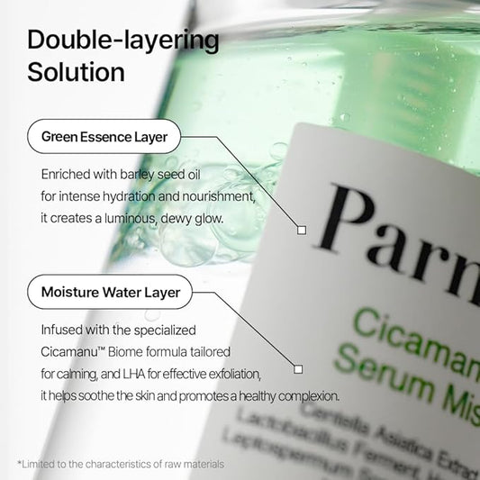 Parnell Cicamanu Serum Mist - Centella Asiatica, Hyaluronic Acid, Ceramide, LHA, Balancing Oil, Moisturizing and Soothing for Radiant Skin (1.69 Fl Oz / 50ml)