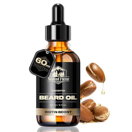 Waking Forest Beard Oil for Men 60 ml - Unscented Biotin Mustache Oil with Vitamin E, Rosemary & Castor - Beard Care Softener, Strengthens, and Moisturizes - Beard Conditioner (2 oz)