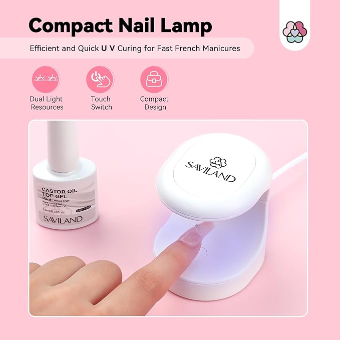 Saviland French Manicure Kit : French Tip Tools for Beginners French Tip Nail Stickers French Nail Brush White Gel Nail Polish Quick-Dry Nail Lamp French Tips Guides for Nail Art