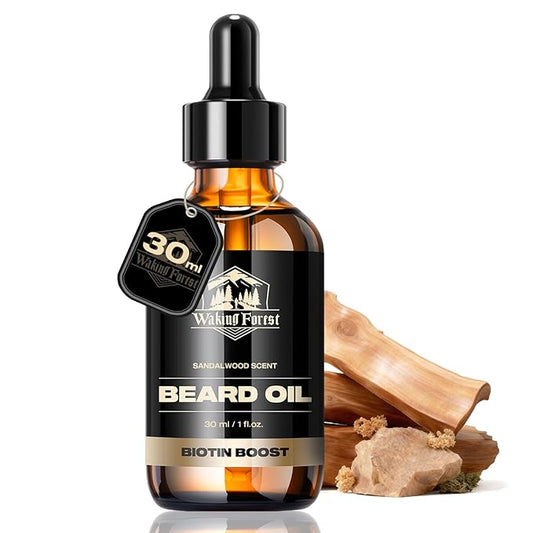 Waking Forest Sandalwood Beard Oil for Men - Biotin Mustache Oil with Vitamin E, Rosemary & Castor - Beard Care Softener, Strengthens, and Moisturizes - Beard Conditioner (1 oz)