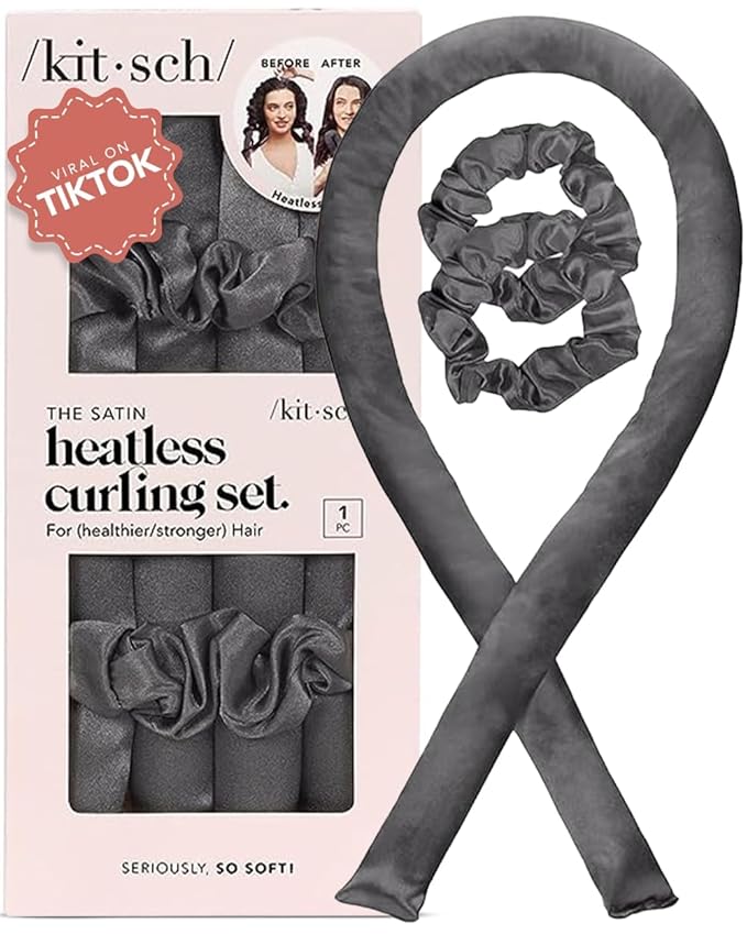 Kitsch Holiday Gift Silk Heatless Hair Curler | Heatless Curling Rod Headband | Satin Heatless Curling Set for Hair | Perfect Heatless Curls (Charcoal)