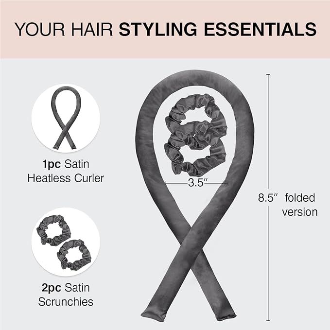 Kitsch Holiday Gift Silk Heatless Hair Curler | Heatless Curling Rod Headband | Satin Heatless Curling Set for Hair | Perfect Heatless Curls (Charcoal)