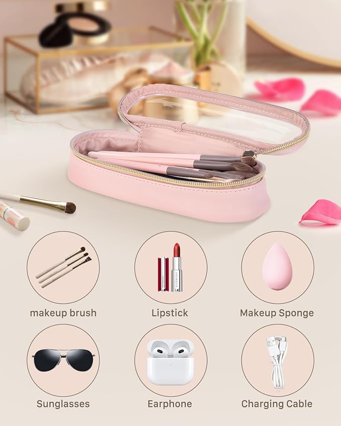 Clear Travel Makeup Brush Holder, Leather Makeup Brush Toiletry Bag, Portable Cosmetic Brush Case, Transparent Waterproof Makeup Brush Storage Bag, Pink