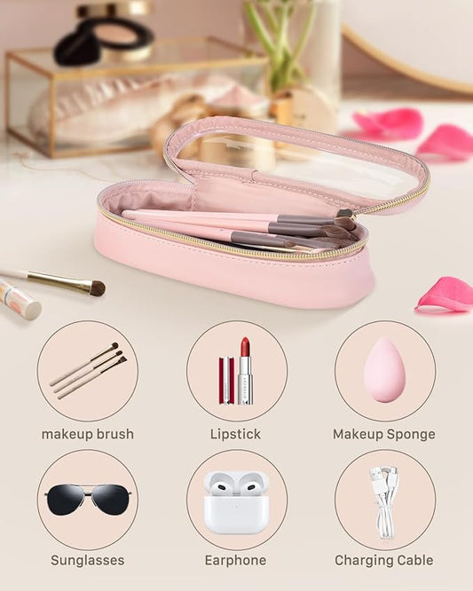 Clear Travel Makeup Brush Holder, Leather Makeup Brush Toiletry Bag, Portable Cosmetic Brush Case, Transparent Waterproof Makeup Brush Storage Bag, Pink