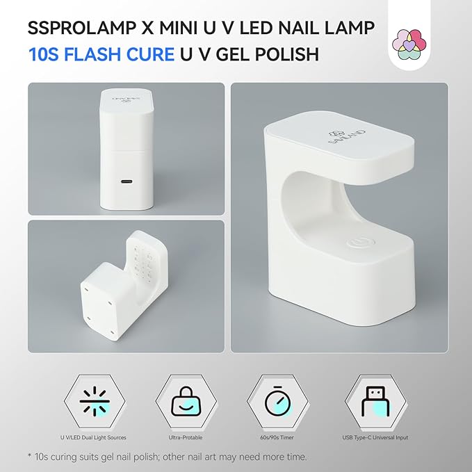 SAVILAND SSProLamp 10S Flash Cure Mini LED U V Nail Lamp: 6W U V Light for Gel Nails Protable Gel Lamp 2 Timers USB Type-C Nail Light for Gel Polish Acrylic Nail Kit Travel Home Use