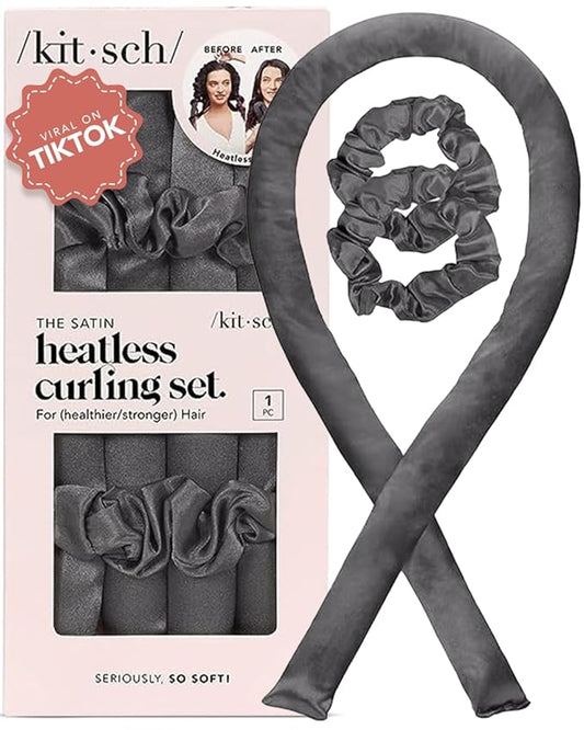 Kitsch Holiday Gift Silk Heatless Hair Curler | Heatless Curling Rod Headband | Satin Heatless Curling Set for Hair | Perfect Heatless Curls (Charcoal)