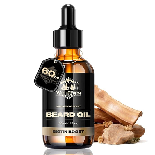 Waking Forest Beard Growth Oil - Biotin Sandalwood Oil with Vitamin E, Rosemary & Castor for Thicker, Softer, Stronger Beards (2oz)