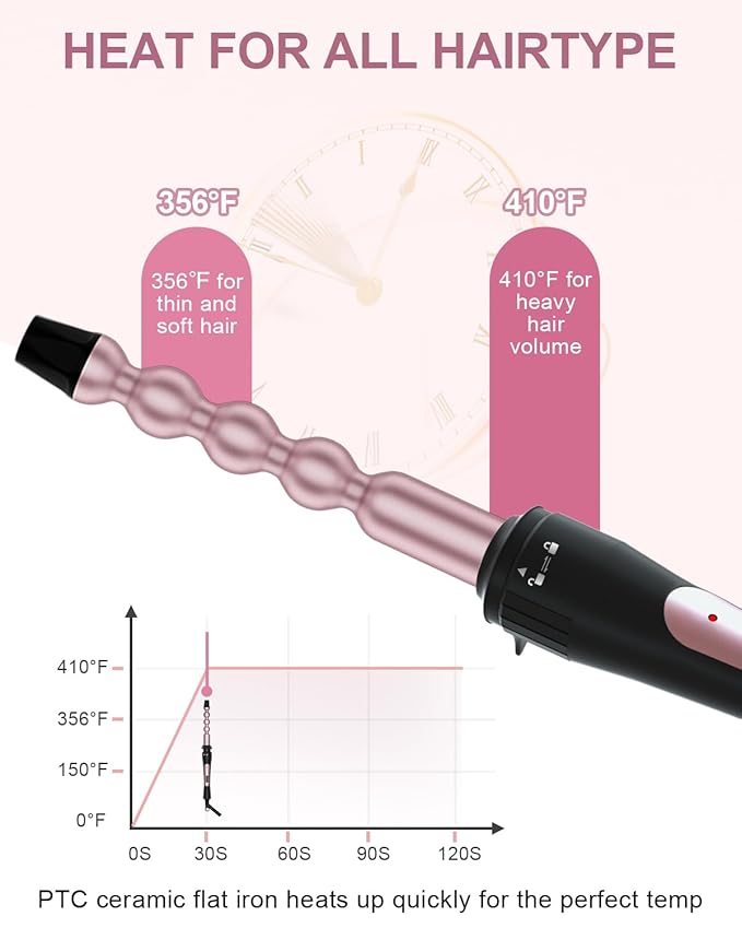 6 in 1 Curling Iron, Curling Wand Set with Thermal Brush (1.5inch) & 1inch Bubble Wand Curler and 3 Interchangeable Ceramic Barrel (0.35"-1.25"), Instant Heat Up with Comb & Protective Glove & 2 Clip