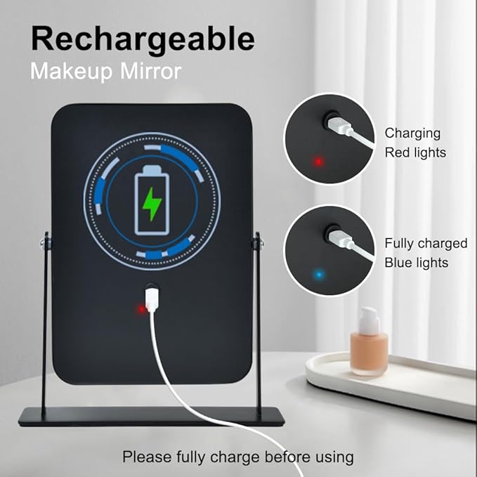 Portable Desk Vanity Mirror with Lights,Black Rechargeable Small Makeup Mirror with Lights,Mini Dorm Mirror,Touch Screen with 3-Color Lighting,Dimmable,for Tabletop,Bedroom,Bathroom