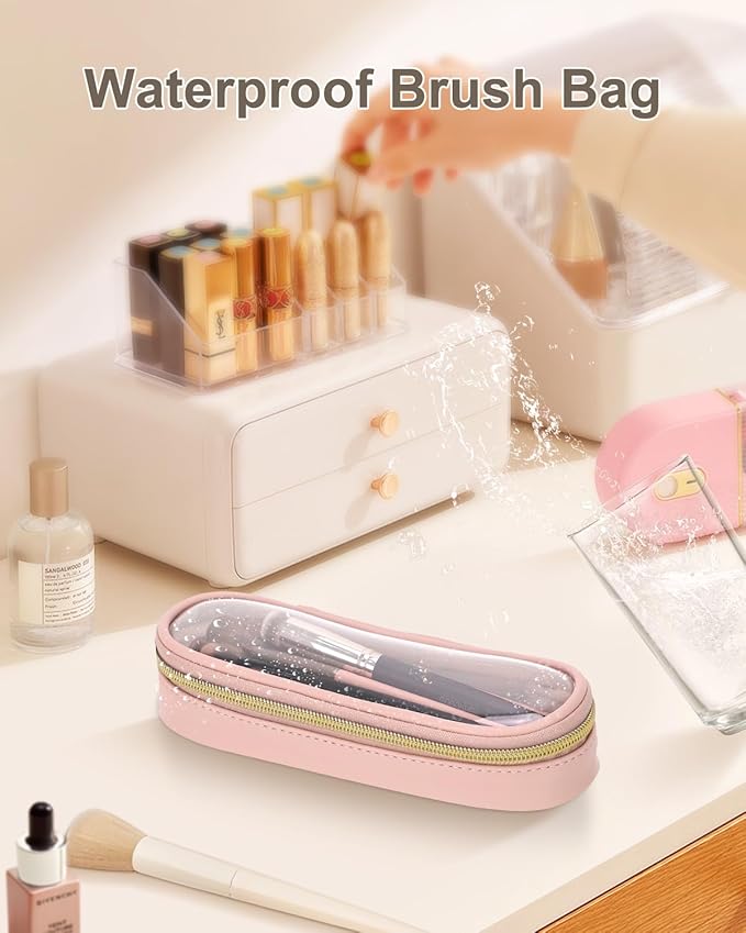 Clear Travel Makeup Brush Holder, Leather Makeup Brush Toiletry Bag, Portable Cosmetic Brush Case, Transparent Waterproof Makeup Brush Storage Bag, Pink, Large