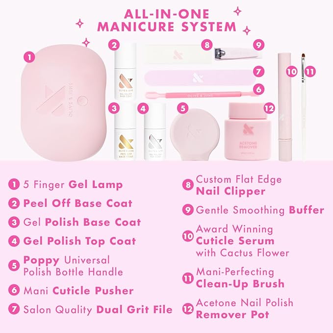 Olive & June Gel Mani System Set | Includes Nail Tools, Peel-Off & Gel Base Coats, Top Coat, LED Lamp, Cuticle Serum & The Poppy | Easy At-Home Mani Kit | 15-Free, Vegan, Cruelty-Free