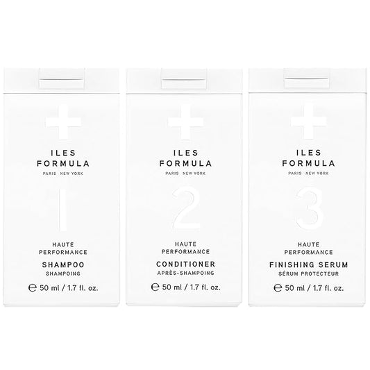 ILES FORMULA Mini Signature Collection – Moisturizing Travel Shampoo & Conditioner w/Mini Finishing Serum Blow Dry Cream for Dry, Damaged, Frizzy Hair - Salon Grade Anti-Frizz Hydrating Hair Care Set