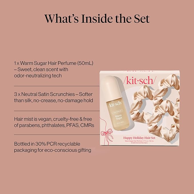 Kitsch Satin Scrunchies and Hair Perfume for Women Holiday Set – Warm Sugar Scent with Patented Odor-Eliminating Technology Hair Spray | Neutral Softer Than Silk Scrunchies | Ideal Gifts for Women