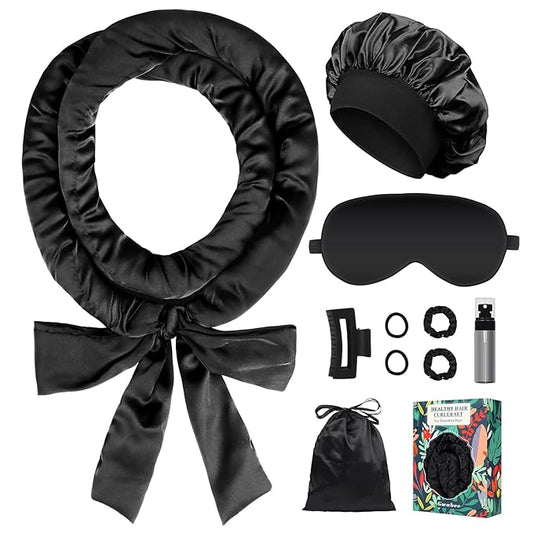 Satin Heatless Curls Overnight Hair Curlers to Sleep In Hair Curler Rollers No Heat Hair Wrap for Curls Headband, 70" Satin Heatless Curling Rod Set for Women Long Waves Hair Volume-Black 10PCS
