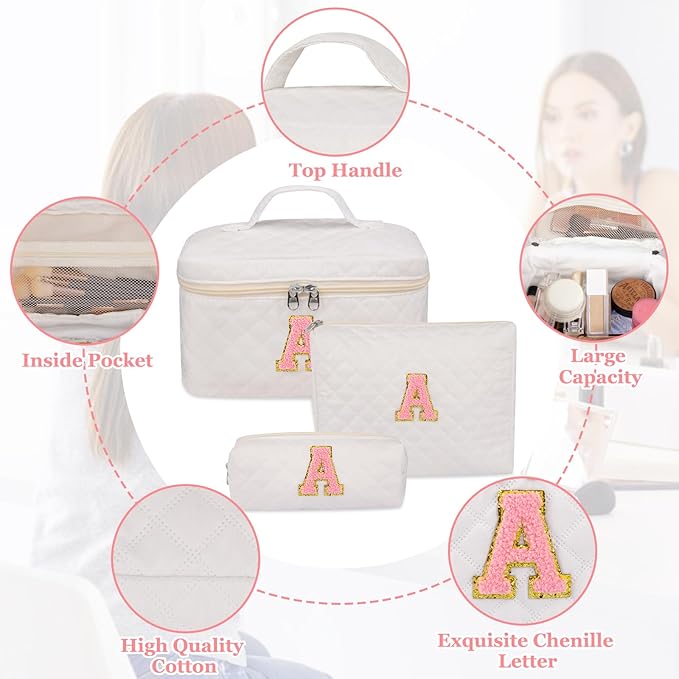 Initial Makeup Bag, Personalized Monogram Cosmetic Bag Set, Large Make up Bags | Travel Toiletry Bag | Makeup Bag for Girls Teen Girl Friend Sister Wife Girlfriend Gifts Daughter (Letter J)