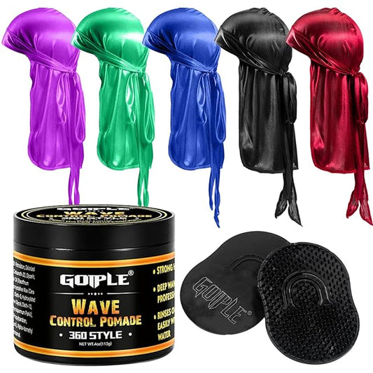 Silky Durags for Men Wave Pomade Strong Hold Easy Wash 360 Wave Training Hair Cream, Waves Grease for Men Promotes Layered Waves Silky Satin Durag Extra Long Tails Wave Brushe Silky Durag Wave Cap Set