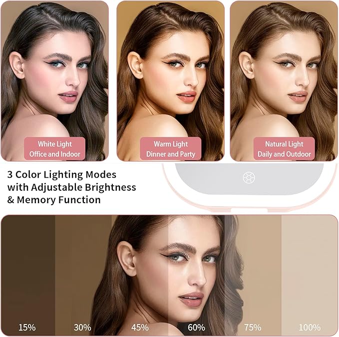 DESCHEN Rechargeable Travel Makeup Vanity Mirror with Lights and Magnification, Portable 1X/10X Magnifying Mirror with 3 Color Light, Lighted Makeup Mirror with Magnification, Folding LED Desk - Pink