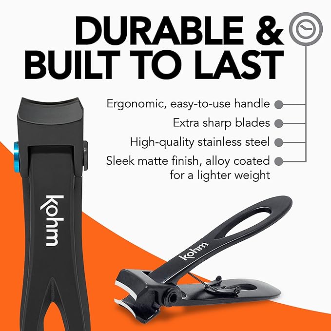 KOHM Nail Clippers for Thick Nails - Heavy Duty, Sharp Wide Mouth Professional Fingernail and Toenail Clippers for Men, Women & Seniors, Black