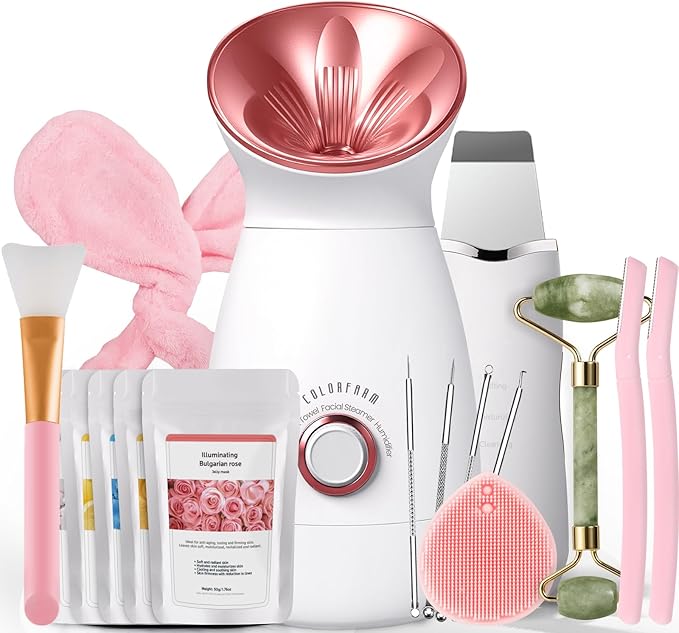 Colorfarm Facial Steamer Nano Ionic: Large 3-in-1 Face Steamer Home Spa Kit Deep Cleaning Unclogs Pores Sinuses Inhaler with 8 Skin Care Tools - Self Care Gifts for Women (Deep Cleansing Facial Kit)