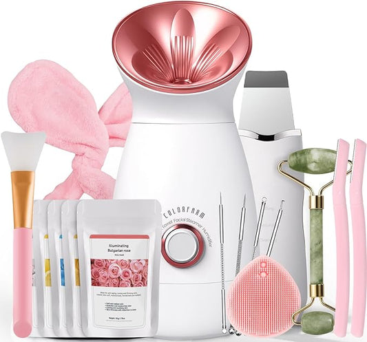 Colorfarm Facial Steamer Nano Ionic: Large 3-in-1 Face Steamer Home Spa Kit Deep Cleaning Unclogs Pores Sinuses Inhaler with 8 Skin Care Tools - Self Care Gifts for Women (Deep Cleansing Facial Kit)
