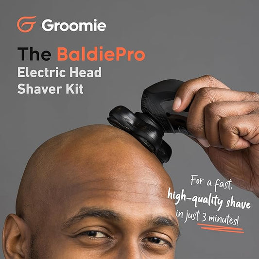 Groomie Cordless Bald Head Shavers for Men, BaldiePro Head Grooming Kit - Ergonomic & Waterproof Head Shavers for Bald Men - Electric Hair Shaver & Head Razor - Men's Rotary Shaver for Smooth Shave